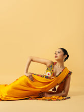 Load image into Gallery viewer, Golden yellow modal satin saree with multi coloured 3D work on blouse and saree edge
