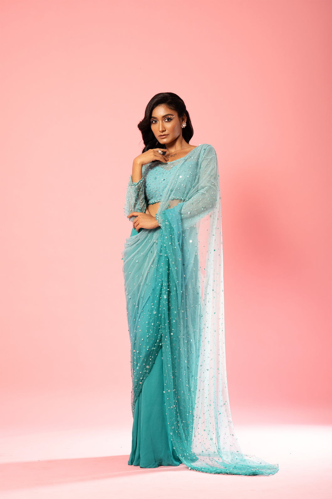 Featuring a Teal and powder blue ombre  pre-stitched saree