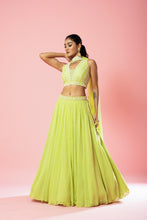 Load image into Gallery viewer, Lime green embroidered lehenga with choker style dupatta
