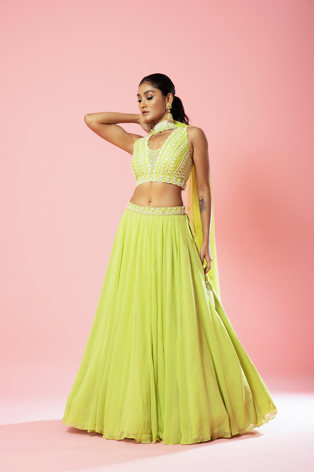 Lime green embroidered lehenga with choker style dupatta