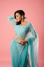 Load image into Gallery viewer, Featuring a Teal and powder blue ombre  pre-stitched saree
