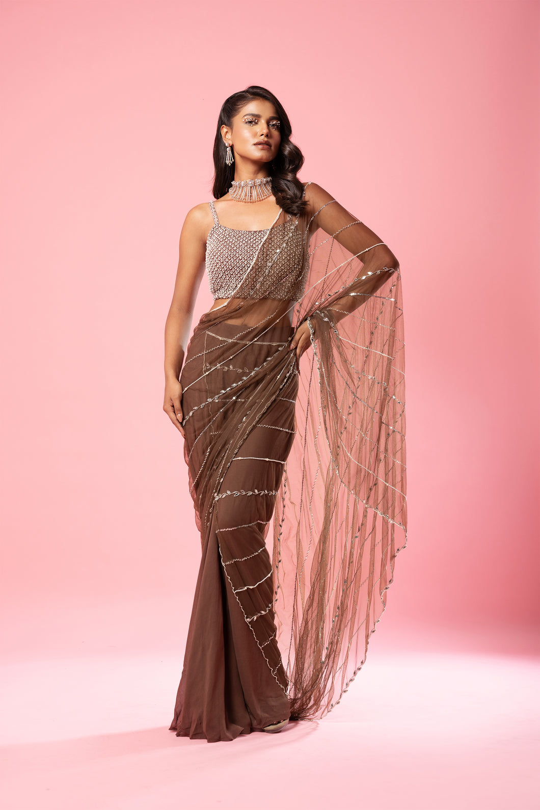 Coffee brown hand-embroidered saree
