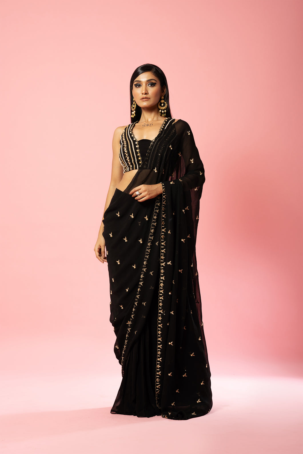 Black hand-embroidered saree set
