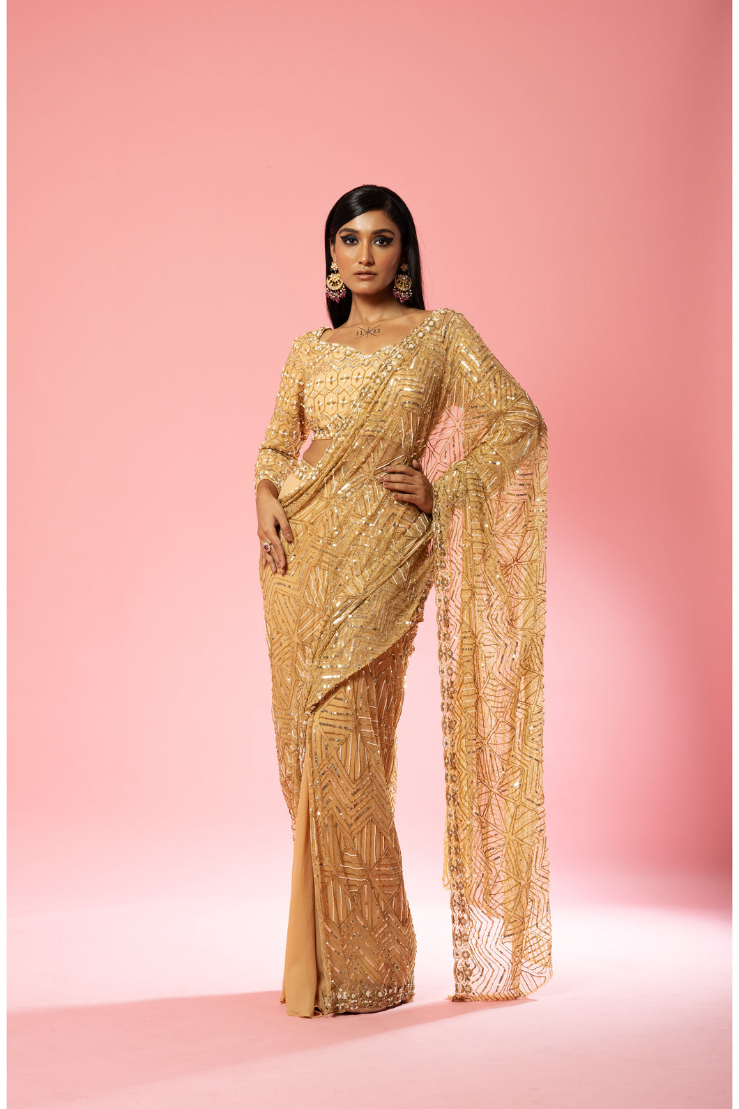 Golden  hand-embroidered saree set