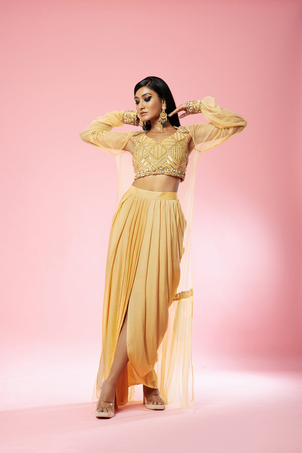 Golden hand-embroidered dhoti set