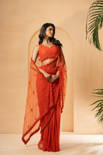 Load image into Gallery viewer, Orange embroidered pre-stitched drape saree
