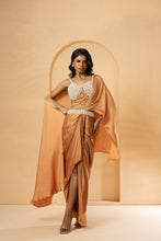 Load image into Gallery viewer, Golden embroidered pre-stitched drape corset saree
