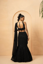 Load image into Gallery viewer, Black embroidered fishtail lehenga with drape twisted dupatta
