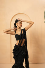 Load image into Gallery viewer, Black embroidered fishtail lehenga with drape twisted dupatta
