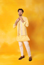 Load image into Gallery viewer, Yellow Kurta and 2 in 1 open close Nehru Jacket with trouser
