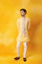 Load image into Gallery viewer, Yellow Kurta and 2 in 1 open close Nehru Jacket with trouser
