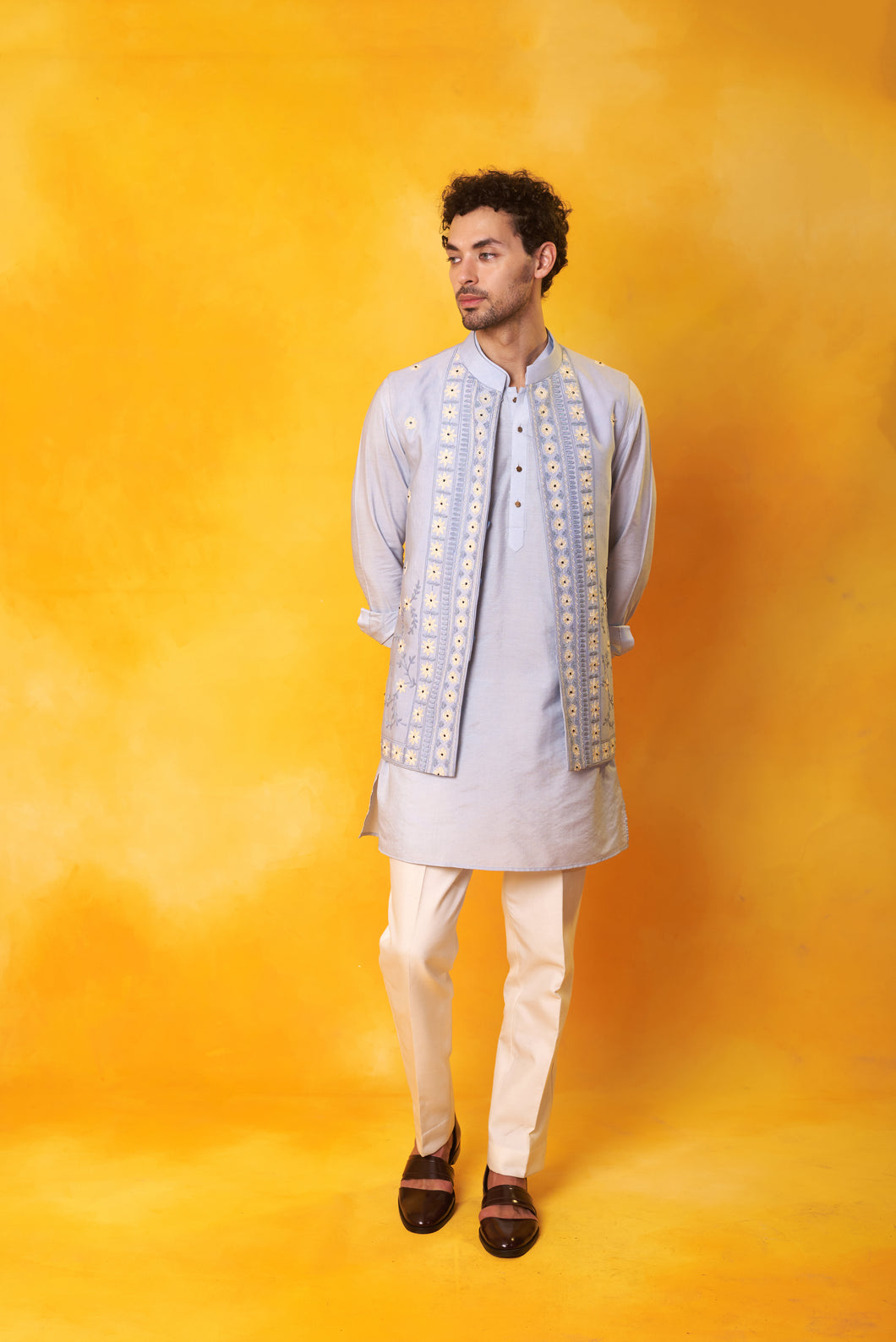Sky Blue Kurta and Nehru Jacket 2 in 1 open and close with Trouser