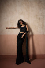 Load image into Gallery viewer, Predraped , black hand embroidered georgette saree
