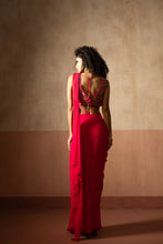 Load image into Gallery viewer, Predraped , fuschia pink , embroidered georgette saree with corset blouse
