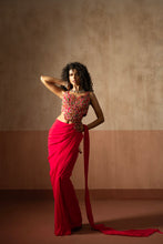Load image into Gallery viewer, Predraped , fuschia pink , embroidered georgette saree with corset blouse
