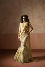 Load image into Gallery viewer, Fishtail style , sage green &amp; pastel yellow hand embroidered , net &amp;georgette...
