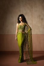 Load image into Gallery viewer, Predraped , mehendi green , hand embroidered net &amp; satin saree
