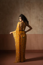 Load image into Gallery viewer, Predraped , mustard yellow , hand embroidered net &amp; georgette saree
