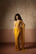 Load image into Gallery viewer, Predraped , mustard yellow , hand embroidered net &amp; georgette saree
