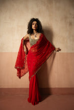 Load image into Gallery viewer, Predraped , red , hand embroidered net &amp; georgette saree with golden blouse
