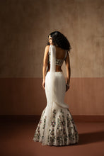 Load image into Gallery viewer, Fishtail style , white &amp; multicoloured hand embroidered georgette fishtail s...
