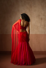 Load image into Gallery viewer, Fishtail style , red &amp; fuschia pink coloured, hand embroidered , net &amp;george...
