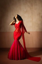 Load image into Gallery viewer, Fishtail style , red &amp; fuschia pink coloured, hand embroidered , net &amp;george...
