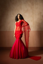 Load image into Gallery viewer, Fishtail style , red &amp; fuschia pink coloured, hand embroidered , net &amp;george...
