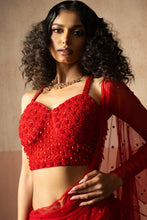 Load image into Gallery viewer, Fishtail style , red &amp; fuschia pink coloured, hand embroidered , net &amp;george...
