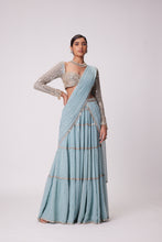 Load image into Gallery viewer, POWDER BLUE MULTI TIER HAND EMBROIDERED SAREE SET
