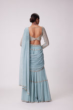 Load image into Gallery viewer, POWDER BLUE MULTI TIER HAND EMBROIDERED SAREE SET
