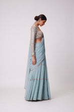 Load image into Gallery viewer, POWDER BLUE MULTI TIER HAND EMBROIDERED SAREE SET
