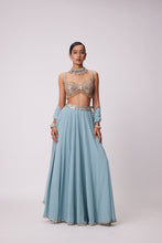 Load image into Gallery viewer, POWDER BLUE MIRROR EMBROIDERED LEHENGA PANTS SET
