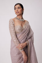 Load image into Gallery viewer, ASH PINK HAND EMBROIDERED ORGANZA SAREE SET
