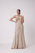 Load image into Gallery viewer, LIGHT BEIGE GEORGETTE PRE DRAPED SAREE SET
