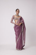 Load image into Gallery viewer, MUD  MAUVE HAND EMBROIDERED ORGANZA SAREE SET
