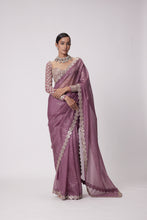 Load image into Gallery viewer, MUD  MAUVE HAND EMBROIDERED ORGANZA SAREE SET
