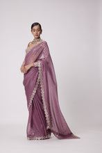 Load image into Gallery viewer, MUD  MAUVE HAND EMBROIDERED ORGANZA SAREE SET
