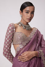 Load image into Gallery viewer, MUD  MAUVE HAND EMBROIDERED ORGANZA SAREE SET
