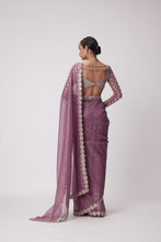 Load image into Gallery viewer, MUD  MAUVE HAND EMBROIDERED ORGANZA SAREE SET

