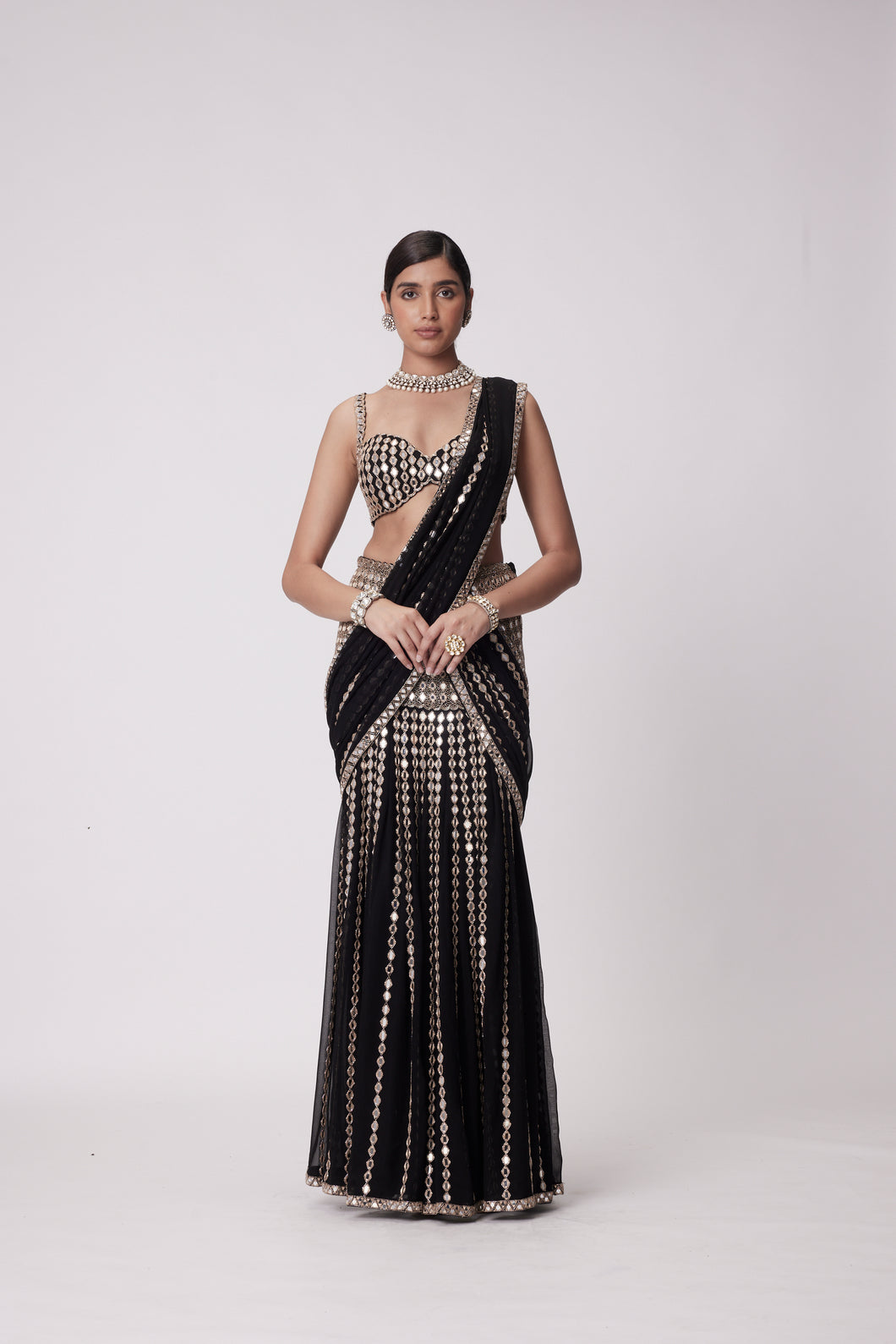BLACK PRE DRAPED SAREE SET