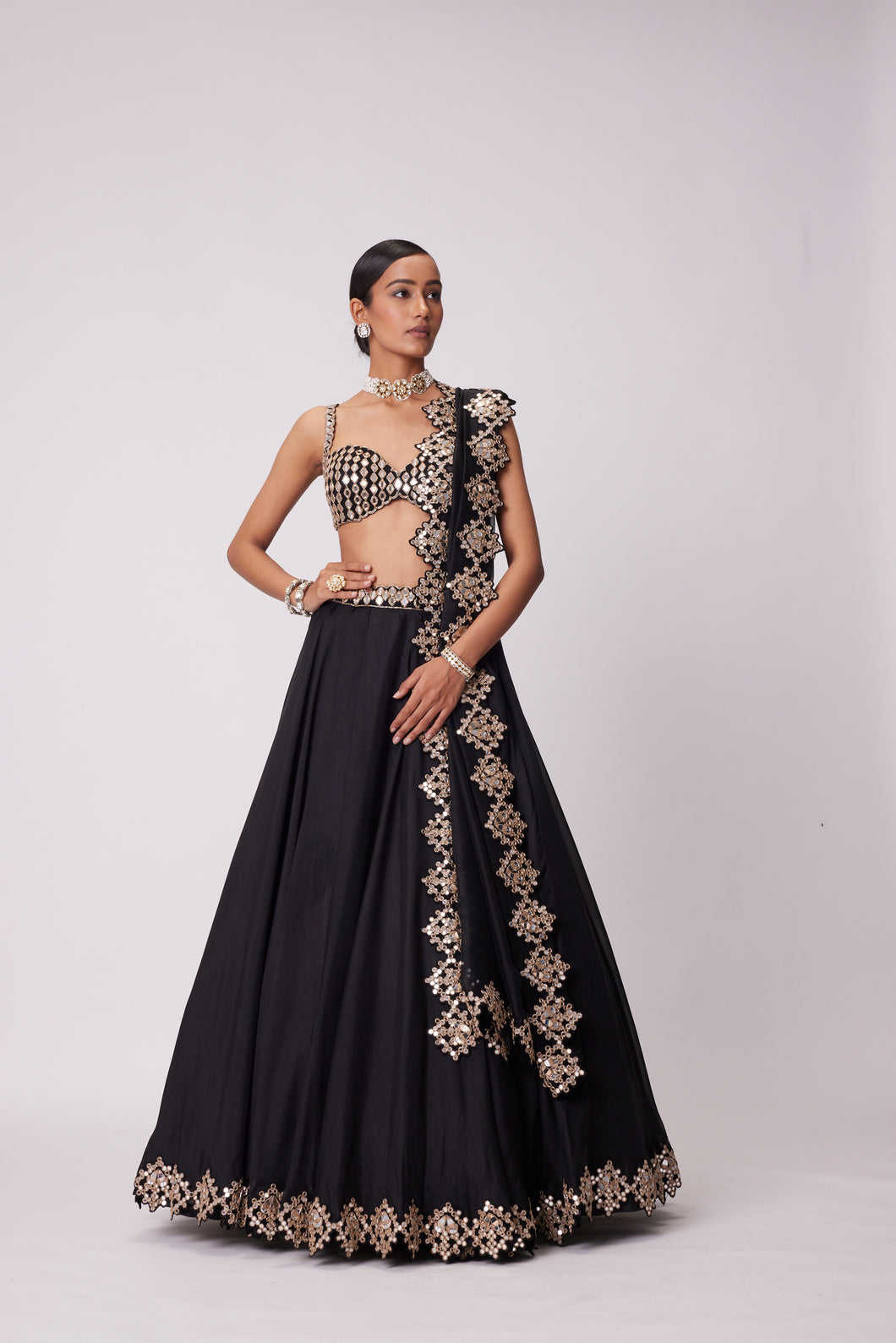 BLACK ORGANZA HAND EMBROIDERED LEHENGA SET