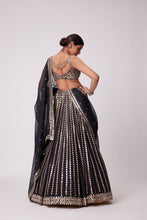 Load image into Gallery viewer, BLACK LINEAR MIRROR EMBROIDERED LEHENGA SET
