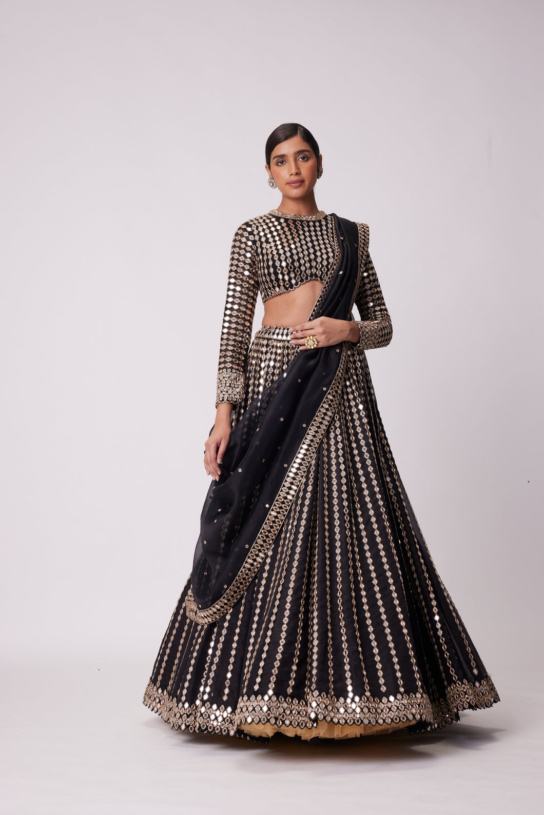 BLACK LINEAR MIRROR EMBROIDERED ORGANZA LEHENGA SET
