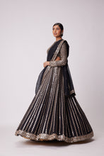 Load image into Gallery viewer, BLACK LINEAR MIRROR EMBROIDERED ORGANZA LEHENGA SET
