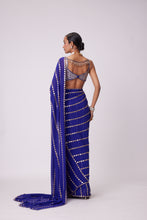 Load image into Gallery viewer, PERSIAN BLUE LINEAR EMBROIDERY GEORGETTE SAREE SET
