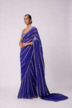 Load image into Gallery viewer, PERSIAN BLUE LINEAR EMBROIDERY GEORGETTE SAREE SET
