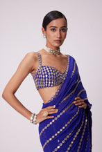 Load image into Gallery viewer, PERSIAN BLUE LINEAR EMBROIDERY GEORGETTE SAREE SET
