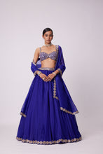 Load image into Gallery viewer, PERSIAN BLUE LINEAR MIRROR EMBROIDERED LEHENGA SET
