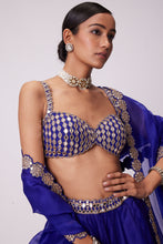 Load image into Gallery viewer, PERSIAN BLUE LINEAR MIRROR EMBROIDERED LEHENGA SET
